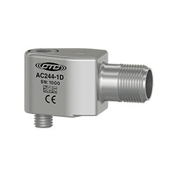 A render of a CTC AC244 stainless steel, miniature size, side exit industrial vibration sensor.